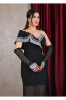 فستان أسود طويل بأكمام شفافة وتصميم أنيق